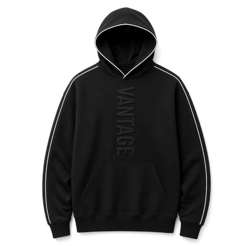 A black pullover hoodie with white contrast piping along the hood, shoulders, and sleeves, featuring a tonal dark gray vertical 'VANTAGE' logo on the chest and a front kangaroo pocket. Main image